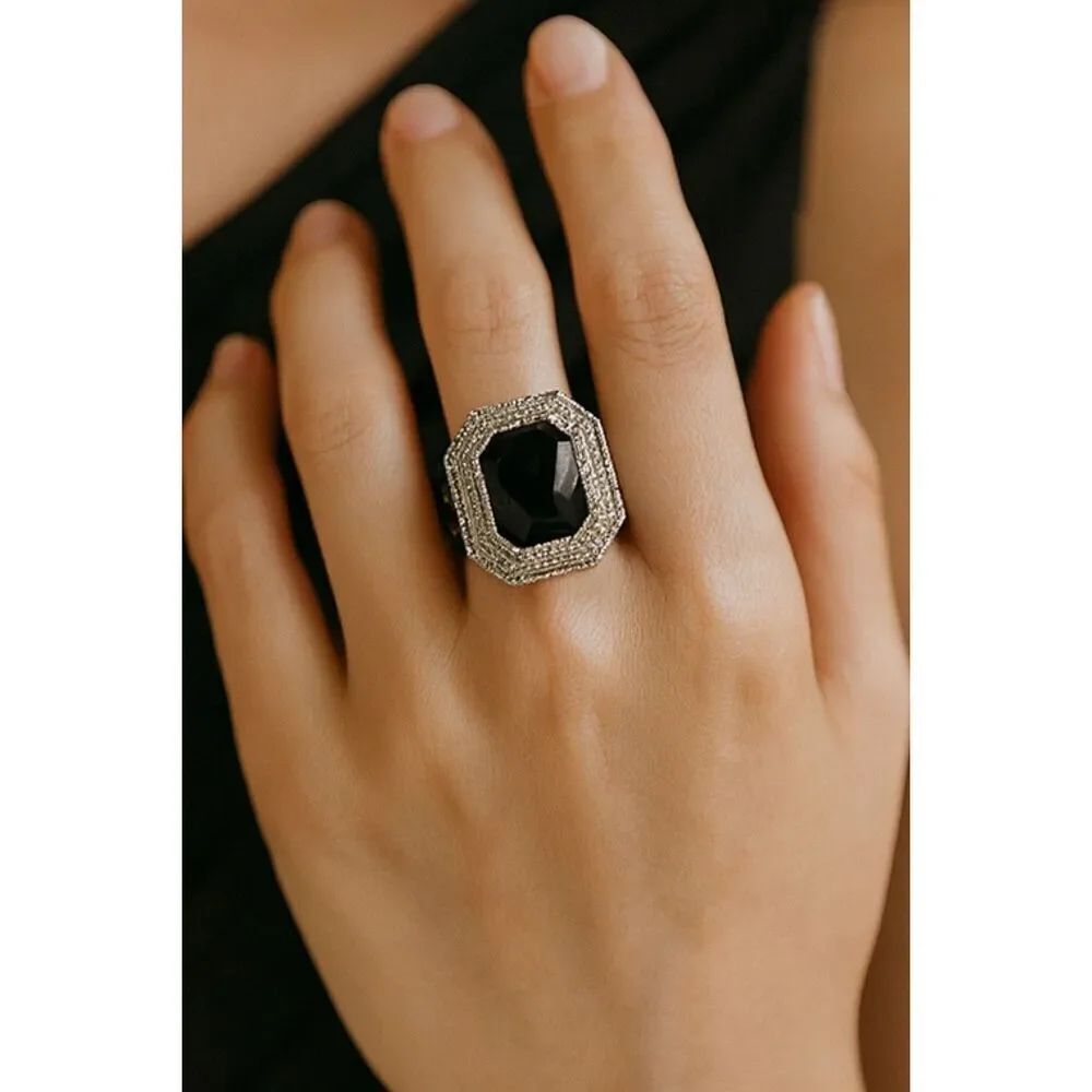 Melanite and white diamond sterling silver size 8 ring.